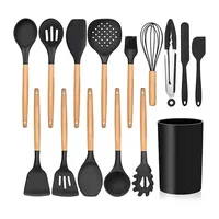 Ensemble de 15 ustensiles de cuisine antiadhésifs en silicone avec manche en bois et support