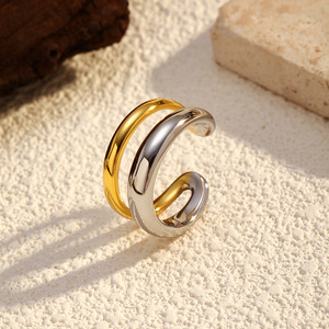 Anillo de Dos Capas con Diseño Geométrico en Acero Inoxidable Chapado en Oro de 18K para Mujer, Dorado y Plateado, Minimalista, Moderno, para Boda, Compromiso, Fiesta - Product Image 3