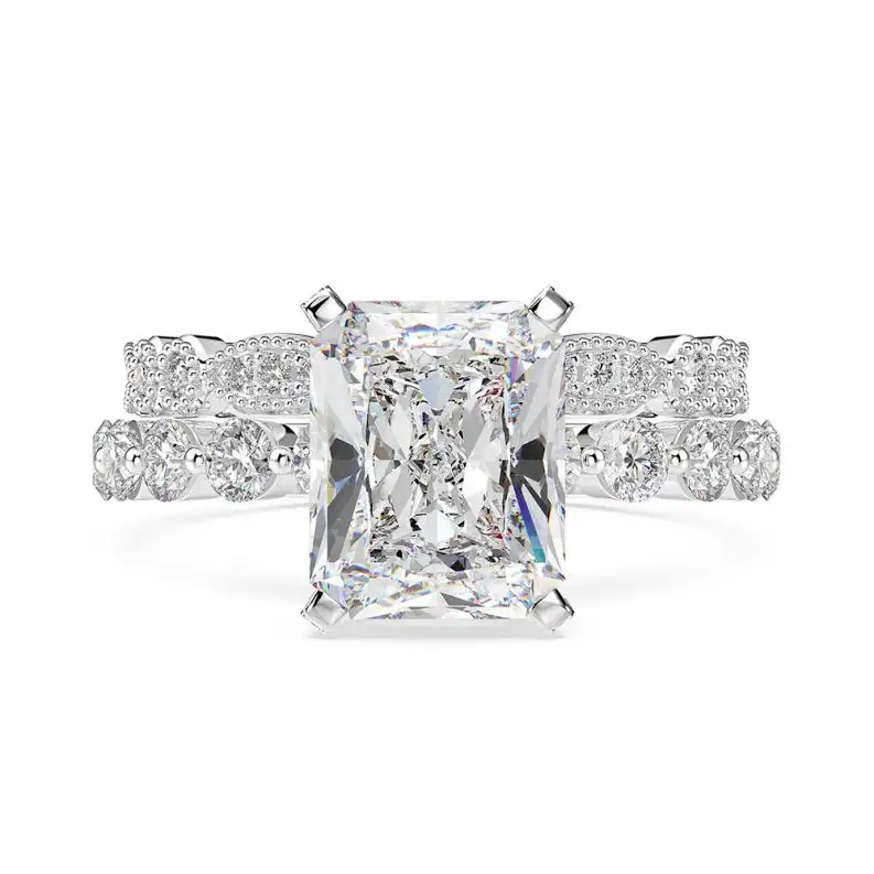 18K White Gold Round Diamond Ladies Bridal 925 Silver Engagement Ring Set With Matching Band