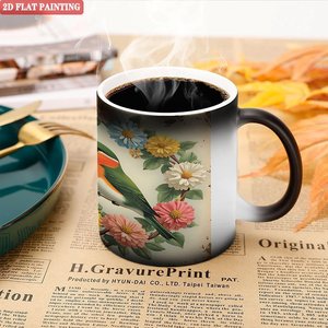 Taza de Cerámica Negra Esmerilada de 11 oz para Sublimación, Taza que Cambia de Color con Diseño de Pájaros y Flores - Product Image 5
