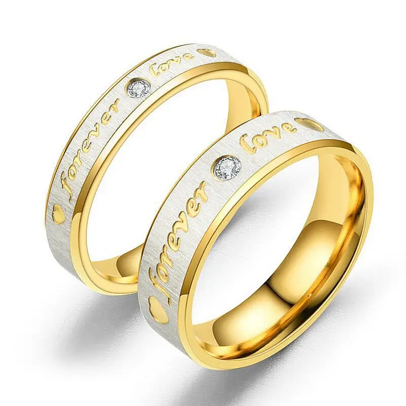 แหวนแต่งงานแฟชั่นสำหรับผู้ชายผู้หญิงทำจากสเตนเลสเซอร์โคเนียชุบทองแหวนคู่รัก