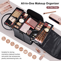 Boîte de rangement pour maquillage noire de grande capacité, valise à plusieurs étages avec fermeture à glissière, en cuir, pour le voyage et le rangement