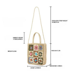 Tas Pantai Bali Buatan Tangan Wanita, Multiwarna Patchwork Granny Square, Pola Kerajinan Rajut Jerami, Tas Selempang - Product Image 5