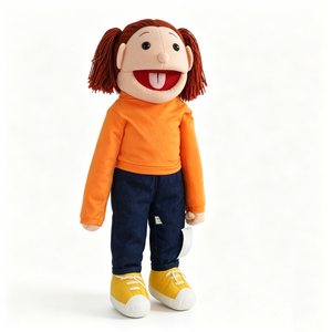 Marioneta de niña personalizada con coleta roja, marioneta con jeans de mezclilla, marioneta con zapatillas amarillas, marioneta de niña con atuendo informal, marioneta con camisa naranja - Product Image 2