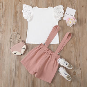 CJS2102 Conjunto de Ropa de Verano para Niñas, Camisa Blanca de Encaje + Pantalones Cortos con Tirantes Rosas, Conjuntos de Ropa para Niños de 1 a 6 Años - Product Image 4