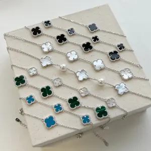 Custom Fine Designer Women Jewelry White Fritillaria Bangle High Quality Gold Plated 925 Sterling Silver 4 Clover Bracelet
