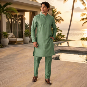 CHOHAN TEXTILE <b>Men's</b> Green Silk Cotton Kurta <b>Pajama</b> <b>Set</b> Regular Fit Knee-Length Traditional Ethnic Wear Sun Protection Party - Product Image 1