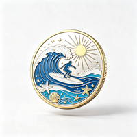 Pièces de défi en métal plaqué argent émaillé, motif vague océanique, design personnalisé, pour concours de surf