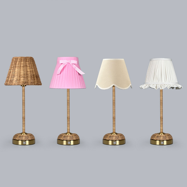 Bamboo Rechargeable Table Lamp Woven Rattan Shade Iron Base Eco Natural Coastal Farmhouse Living Room Hotel LED Table Lamp