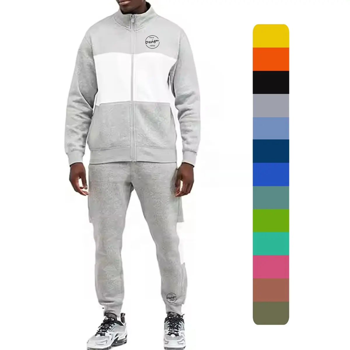 2024 Neueste Herren Streetwear Patchwork 2-teiliges Set 310 gsm Fleece Herren Jogginganzug Sets Reißverschluss Jogger-Trainingsanzug Set