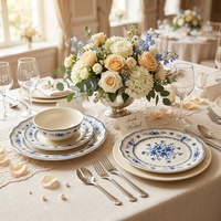 Assiettes en céramique bleues romantiques à fleurs, bord ondulé, vaisselle de luxe en porcelaine, ensemble de vaisselle, plat de service pour restaurant