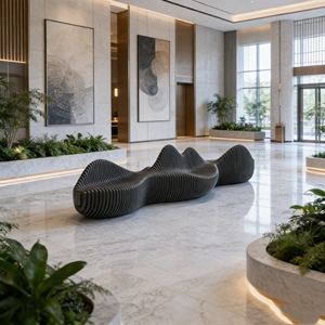 Banc en bois sculptural de luxe Y733, construction à lattes ondulées, pour salon VIP, restaurant, musée d'art, ambiance intérieure et extérieure - Product Image 4