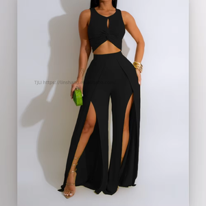 Conjunto de 2 Piezas para Mujer, Chaleco Casual sin Mangas y Pantalones Anchos con Abertura Lateral, a la Moda - Product Image 2