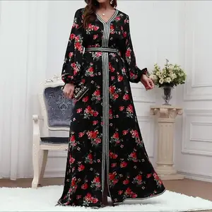 2024 Модное Длинное Платье макси с цветочным принтом, арабское платье макси, женское осеннее платье марокканского кафтана, мусульманское вечернее платье, Дубай, Абая