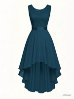 Robe de demoiselle d'honneur sans manches en dentelle et mousseline, coupe asymétrique, taille en satin, pour cocktail, mariage, soirée ou costume de danse