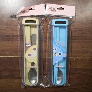 Xiudou Stainless Steel Spoon Chopsticks <b>Set</b> Portable With Lid Cute Design For Camping - Product Image 1