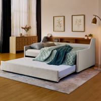 Sofá Cama Individual Tapizado en Lino con 3 Luces LED, Cabecera con Almacenamiento, Patas Plegables, Cama Nido Extraíble y Carga Inalámbrica