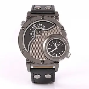 Unique dropshipping mens quartz watch Two Time Zone Casual Leather Strap Wristwatch Male Big Size