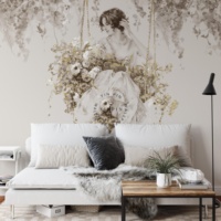 Papier peint mural auto-adhésif imperméable, style moderne, fond beige, belle femme tenant des fleurs sur une balançoire, pour salon, décoration intérieure