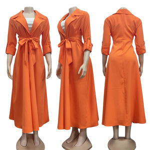 Robe chemise longue décontractée à manches mi-longues et simple boutonnage de couleur vive pour femmes et dames, robe chemise Maxi élégante, <span class=keywords><strong>2022</strong></span> - Product Image 3