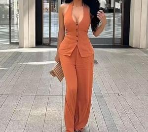 Cotton <b>Linen</b> Hanging Neck Vest Premium Pants Women's Two Piece <b>Set</b> Fashion - Product Image 1