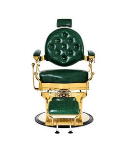 Sillón de Barbería Hidráulico Vintage de Lujo, en Cuero Verde Oscuro, con Estructura Metálica Dorada Electrochapada, Reclinable, para Salón - Product Image 3
