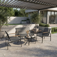 Ensemble de salon de jardin moderne 4 pièces en acier avec sièges en maille respirante et accoudoirs imitation bois pour l'extérieur