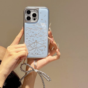 Coque pour iPhone 17 Pro, revêtement en résine à bords argentés, nœud bleu girly avec pendentif, coque de téléphone antichoc à couverture intégrale - Product Image 5