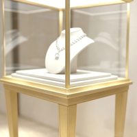 Vitrine à bijoux sur pied carrée haute personnalisée, cadre en or champagne brossé, double étagère en verre, éclairage LED intégré au dessus