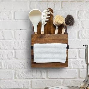 Caja de Almacenamiento de Utensilios de Madera, Rectangular, Color Quemado, Madera Maciza, Organizador de Cocina, Soporte para Espátulas y Cucharas, para Montar en la Pared - Product Image 1