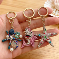Porte-clés personnalisé en alliage de zinc avec cristaux et diamants, motifs étoile de mer et requin, pour boutique de plage