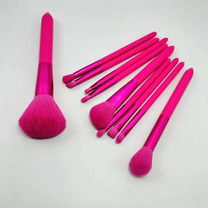 YRX Couleurs personnalisées Rouge rose Créez votre propre ensemble de 10 pinceaux de maquillage synthétiques à manche plat et en bois pour le visage et les yeux - Product Image 3