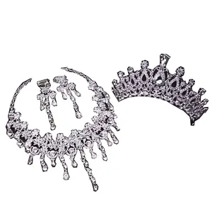 Wholesale Girl Bling Rhinestones Bride Hair Accessories Tiaras Earrings Necklace Wedding Crown Jewelry Set T0027