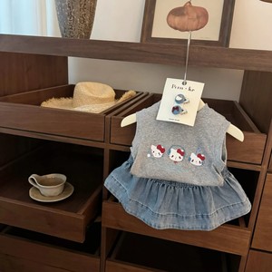 Girls Summer Cartoon KT Vest Denim Fishtail Skirt Set Cotton Thin Solid Color With Label - Product Image 1