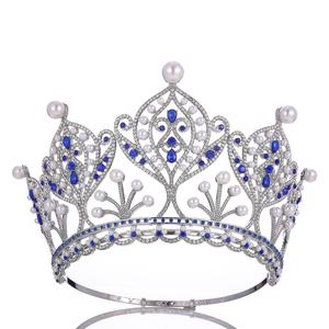 Diadema di perle di cristallo di lusso grande corona regolabile in lega completa rotonda alla moda accessorio per capelli corona di diadema - Product Image 2