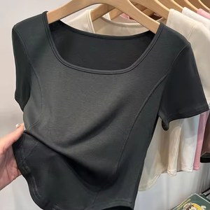 Camiseta de verano para mujer con cuello cuadrado, manga corta, dobladillo curvo, escote amplio, ajuste ceñido, diseño de espina de pescado, teñido liso, color sólido, larga - Product Image 5