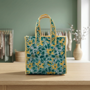 Bolso Tote de Algodón Acolchado Estilo Bohemio de Veer Handicrafts, Diseño a Rayas Amarillo y Verde, Cierre de Cremallera, para Todas las Temporadas, Moda Playa - Product Image 5