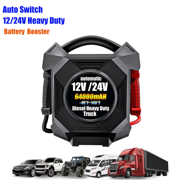 12V 24V Heavy Duty Car Jump Starter 6000A Peak 64000mAh Lithium Battery LED Light Digital Screen for Truck Motorcycle Vehicle
