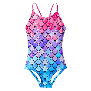 Costume da bagno intero per bambina con stampa a squame di sirena in Spandex/Nylon, tinta unita, con supporto per bambina - Product Image 4