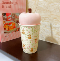 Mug à paille ou tasse en céramique motif ours floral de dessin animé mignon avec cuillère - Sûr pour les aliments, cadeau d'anniversaire ou souvenir pour filles