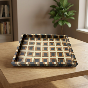 Handmade Wooden Serving Tray With Geometric Pattern For Residential Decorative Use Hotels Coffee <b>Table</b> Decorative Feature - Product Image 2