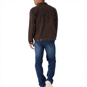 Veste en jean marron foncé pour homme, col mandarin décontracté, respirante, coupe classique, hiver, 100% coton, style délavé - Product Image 3
