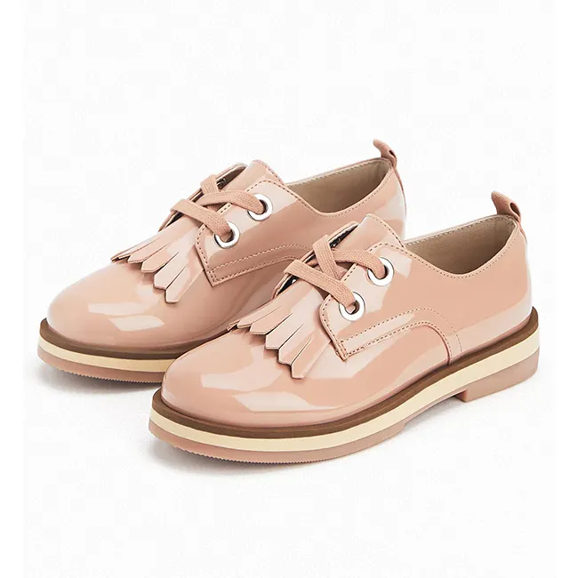 Sapatos de couro com borla para meninas, uniforme escolar com cadarço, oxford para crianças