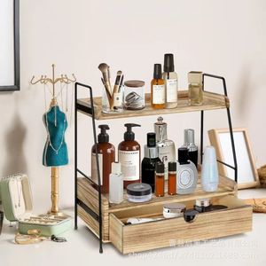 Wooden Double Layer Storage Rack With Drawers <b>Desktop</b> Cosmetic Organizer Solid Wood <b>Shelf</b> 3 Floors Makeup Storage - Product Image 1