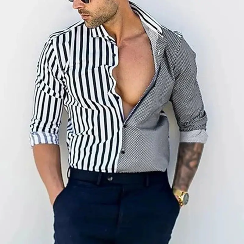 Camisa de mangas compridas masculina, venda quente da moda, com botão, streak preto, duas cores, pastor, camisas masculinas