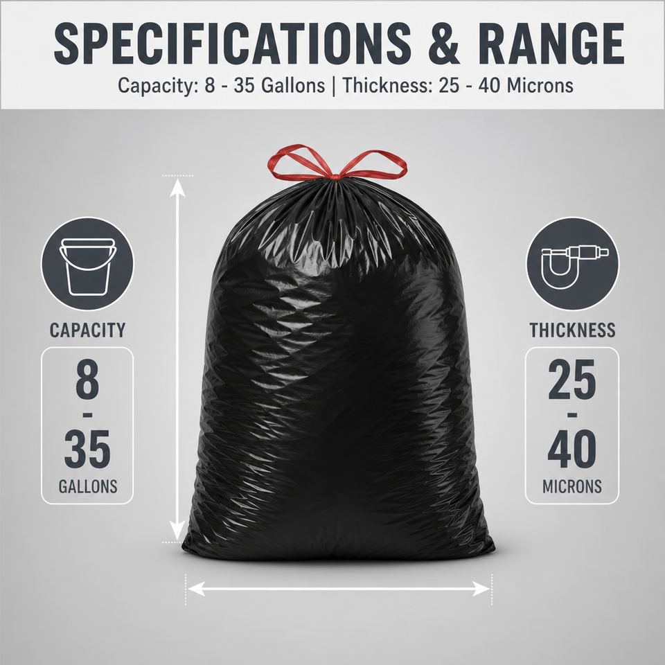 Black HDPE Drawstring Trash Bags Auto Closure Leak Proof Thickened ...