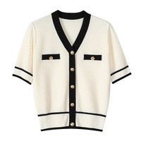 Pull femme personnalisé Vintage à manches courtes col en V pull en coton respirant côtelé bouton cardigan tricots hauts pour l'été