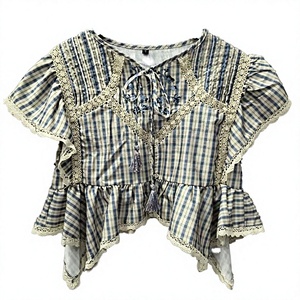 PB&ZA Femme 2025 Printemps Été Automne Blouses Décontractées à Carreaux en Chiffon Tissé avec Dentelle Superposée Manches Courtes Boutonnées Longues Style Vintage - Product Image 4