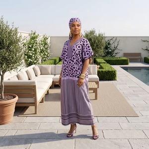Pronta Consegna: Abito Lungo da Donna Stile Europeo e Americano, Nuova Collezione Autunno 2025, Moda Africana con Motivi Geometrici, Scollo a V, Maniche Corte, Vestibilità Ampia - Product Image 2