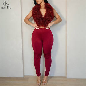 Sexy Mode <span class=keywords><strong>2</strong></span>-delige Set Dames Pluche Patchwork Halter Rugloos Hemdje Effen Skinny Broek Hottie Hipster Clubkleding - Product Image 1